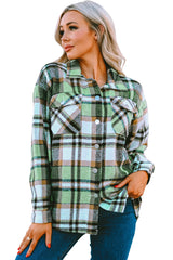 Green Geometric Plaid Print Pocketed Shacket Plaid Shackets JT's Designer Fashion