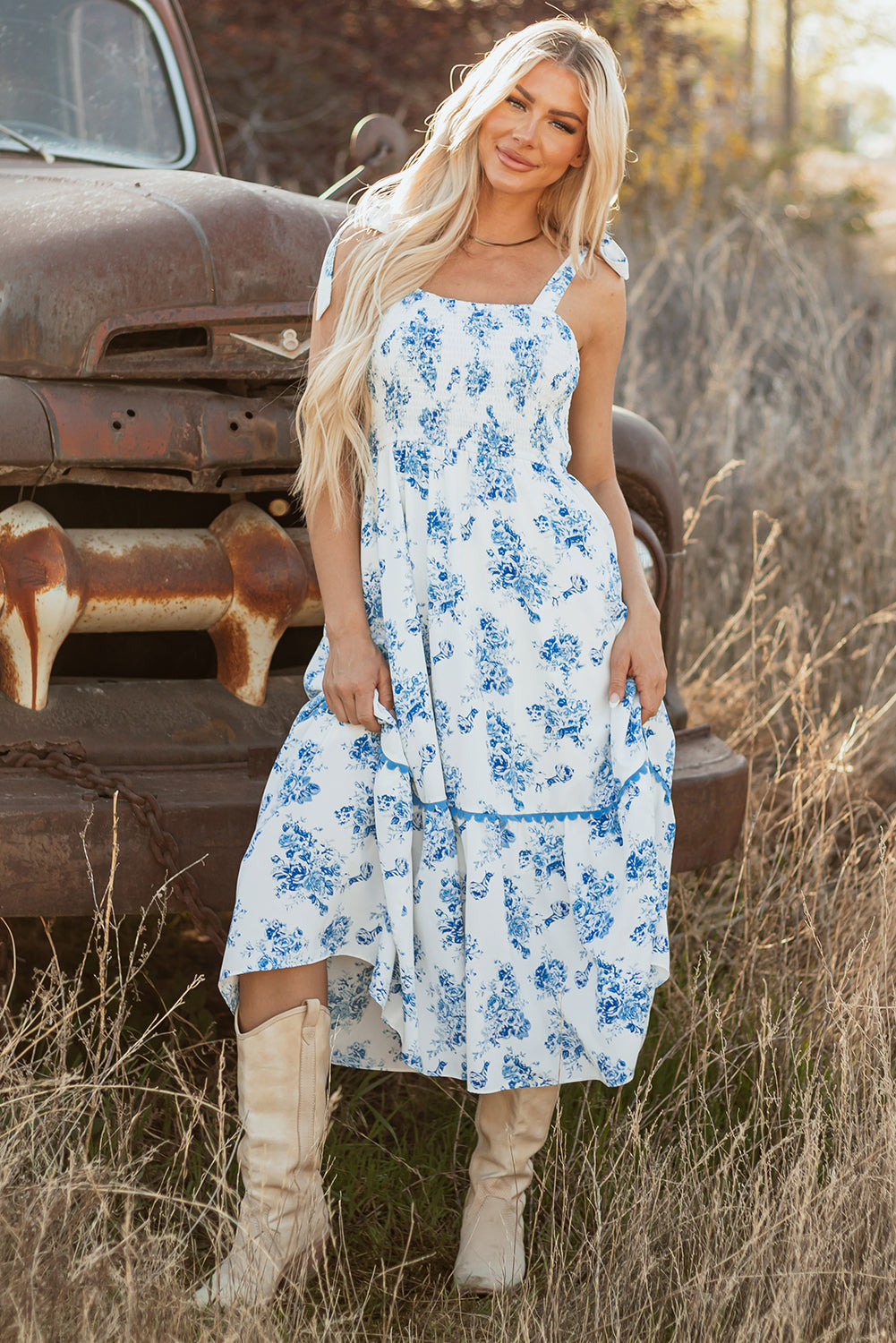 Sky Blue Floral Print Shirred Knot Shoulder Sleeveless Long Dress Floral Dresses JT's Designer Fashion