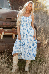 Sky Blue Floral Print Shirred Knot Shoulder Sleeveless Long Dress Floral Dresses JT's Designer Fashion
