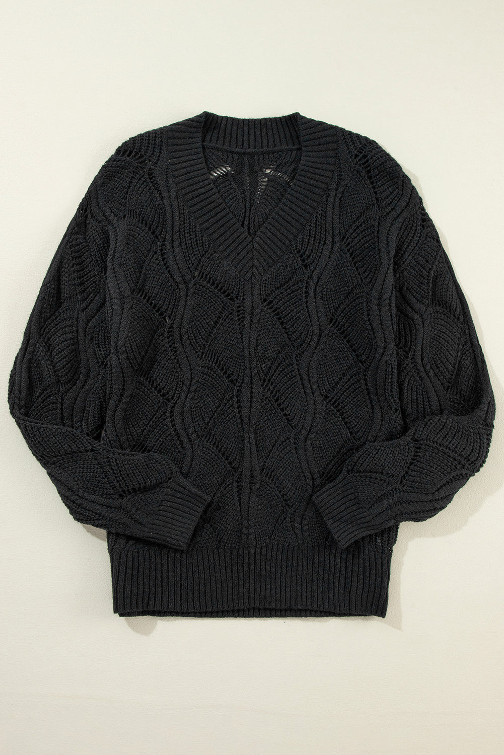 Black Hollow Out Knit V Neck Drop Shoulder Sweater Sweaters JT's Designer Fashion