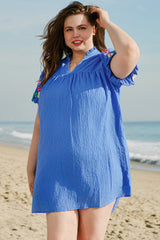 Sky Blue Plus Size Floral Embroidered Puff Sleeve Gingham Mini Dress Plus Size Mini Dresses JT's Designer Fashion