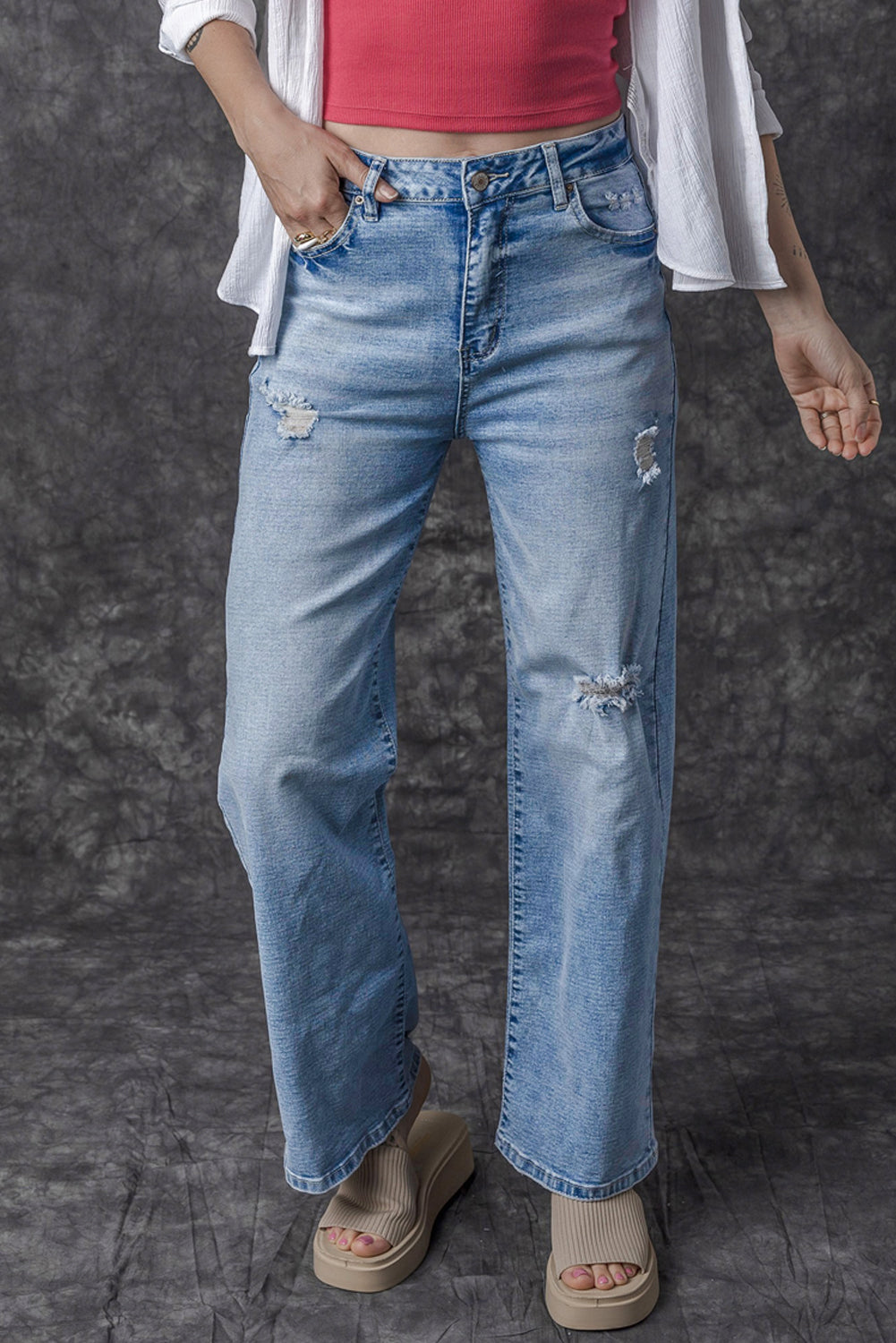 Light Blue High Rise Distressed Straight Leg Jeans Jeans JT's Designer Fashion