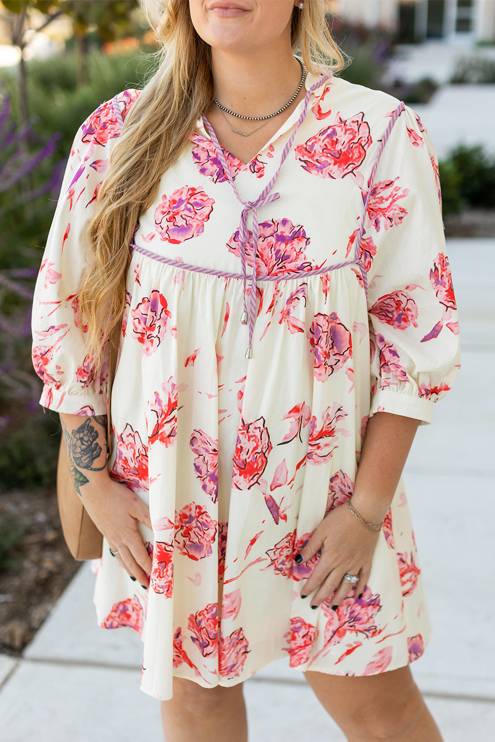 White Floral Print Lace up V Neck Balloon Sleeve Plus Size Shift Mini Dress Plus Size Mini Dresses JT's Designer Fashion