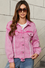 Pink Lace Patchwork Distressed Buttoned Denim Jacket Denim Jackets JT's Designer Fashion