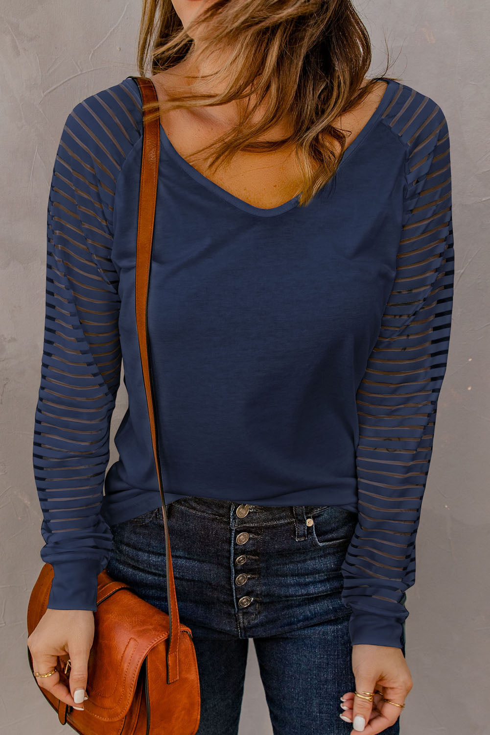 Blue Sheer Stripe V-Neck Top Long Sleeve Tops JT's Designer Fashion