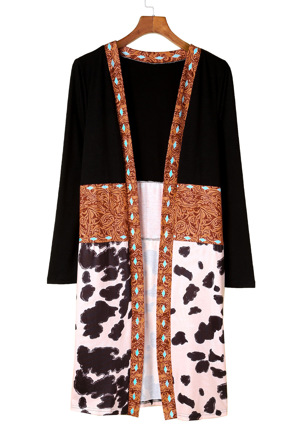 Black Western Pattern Cow Patchwork Open Front Cardigan Sweaters & Cardigans JT's Designer Fashion