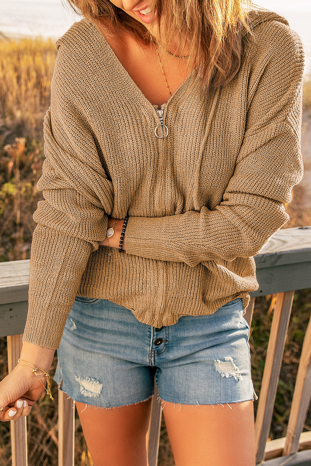 Khaki Zipper V-neck Dropped Sleeve Hooded Solid Sweater Sweaters & Cardigans JT's Designer Fashion