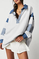 Dark Blue Striped Colorblock Patchwork Collar Sweatshirt Sweatshirts & Hoodies JT's Designer Fashion