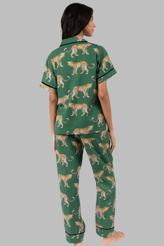 Green Cheetah Print Short Sleeve Shirt and Pants Pajama Set Bottoms JT's Designer Fashion