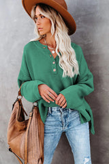 Green Henley Pullover Drop Shoulder Sweater with Slits Sweaters JT's Designer Fashion
