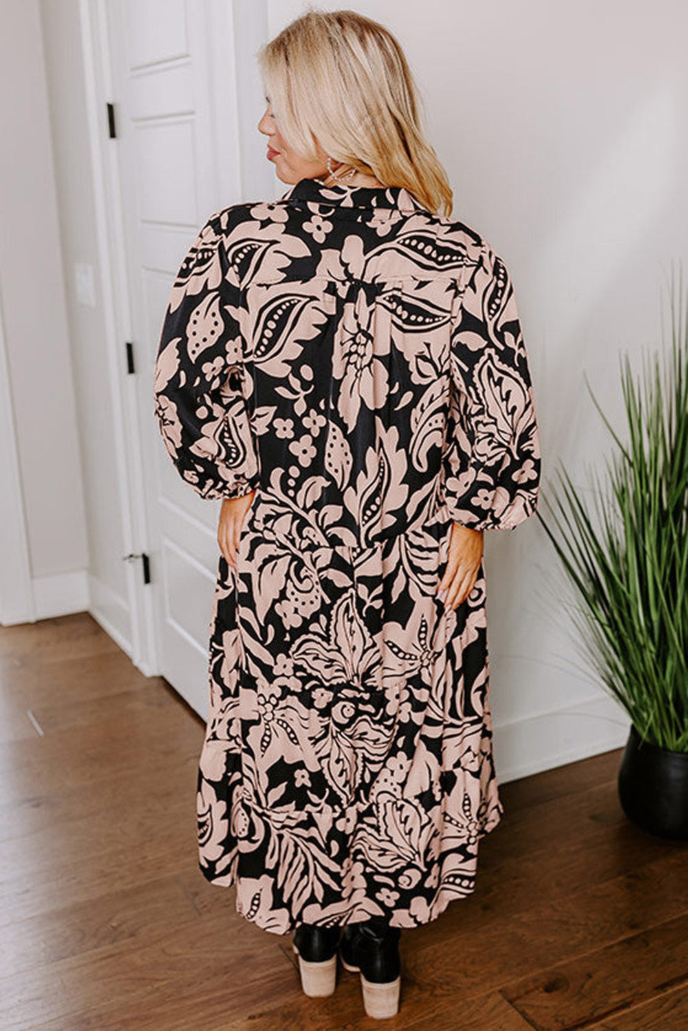 Black Plus Size Floral Printed Puff Sleeve Collared Maxi Dress Plus Size Maxi Dresses JT's Designer Fashion