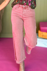 Peach Blossom Acid Washed High Rise Cropped Wide Leg Jeans Jeans JT's Designer Fashion