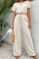 Beige Crinkled Elastic Hem Crop Tee and Wide Leg Pants Set Bottoms JT's Designer Fashion