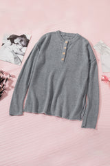 Gray Henley Pullover Drop Shoulder Sweater with Slits Sweaters & Cardigans JT's Designer Fashion