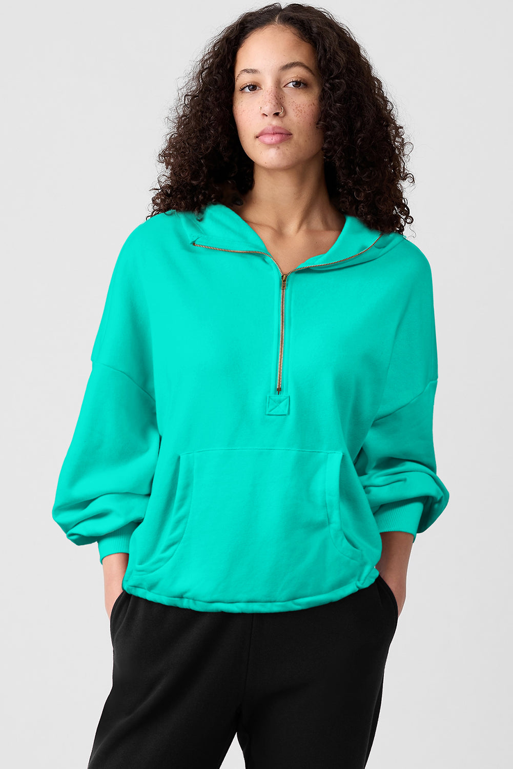 Aruba Blue Fleece Lined Half Zipper Kangaroo Pockets Loose Hoodie Sweatshirts & Hoodies JT's Designer Fashion