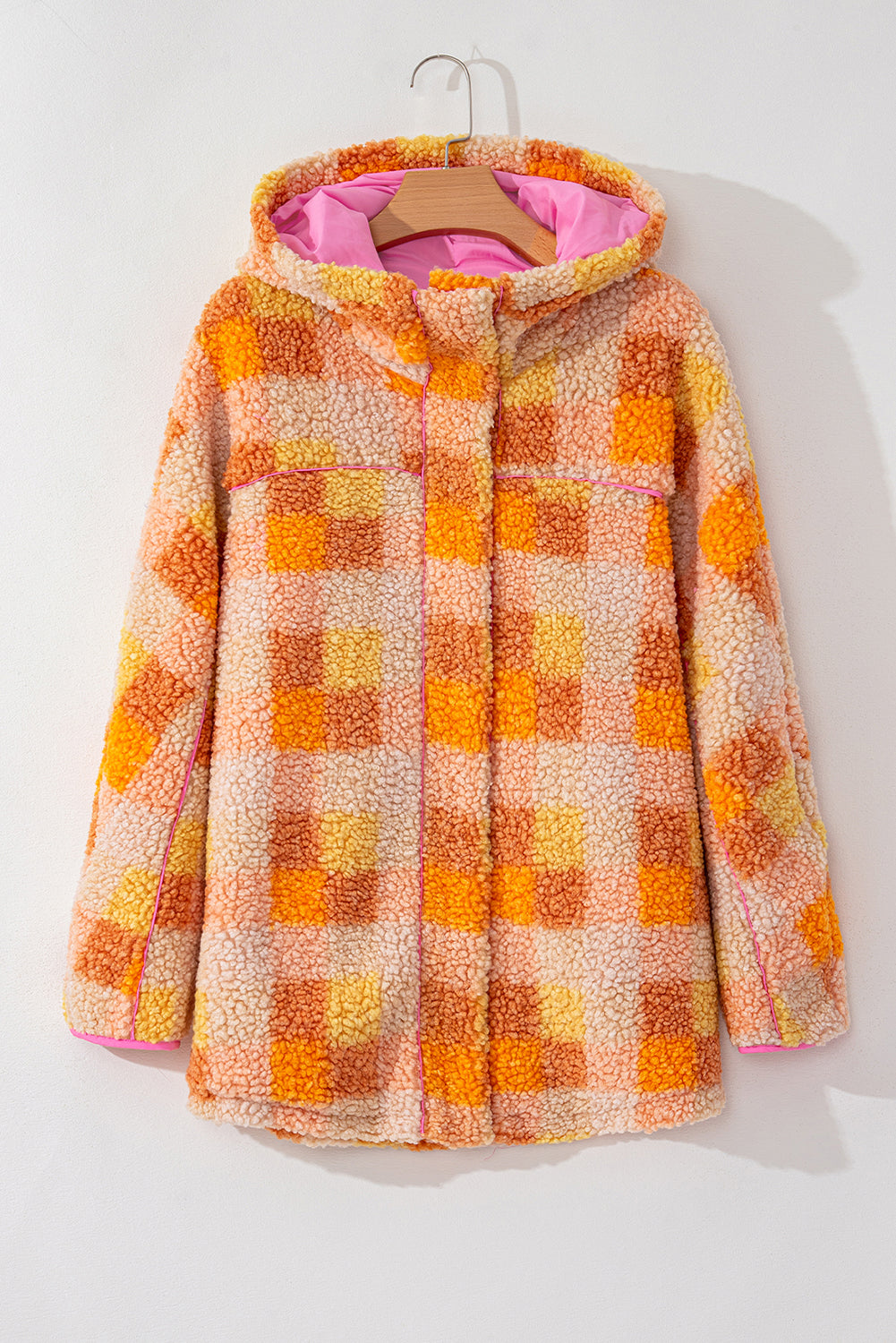 Orange Checkered Sherpa Hooded Jacket Jackets JT's Designer Fashion
