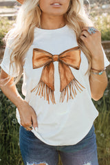 White Tassel Bowknot Print Round Neck Western Fashion T Shirt Graphic Tees JT's Designer Fashion