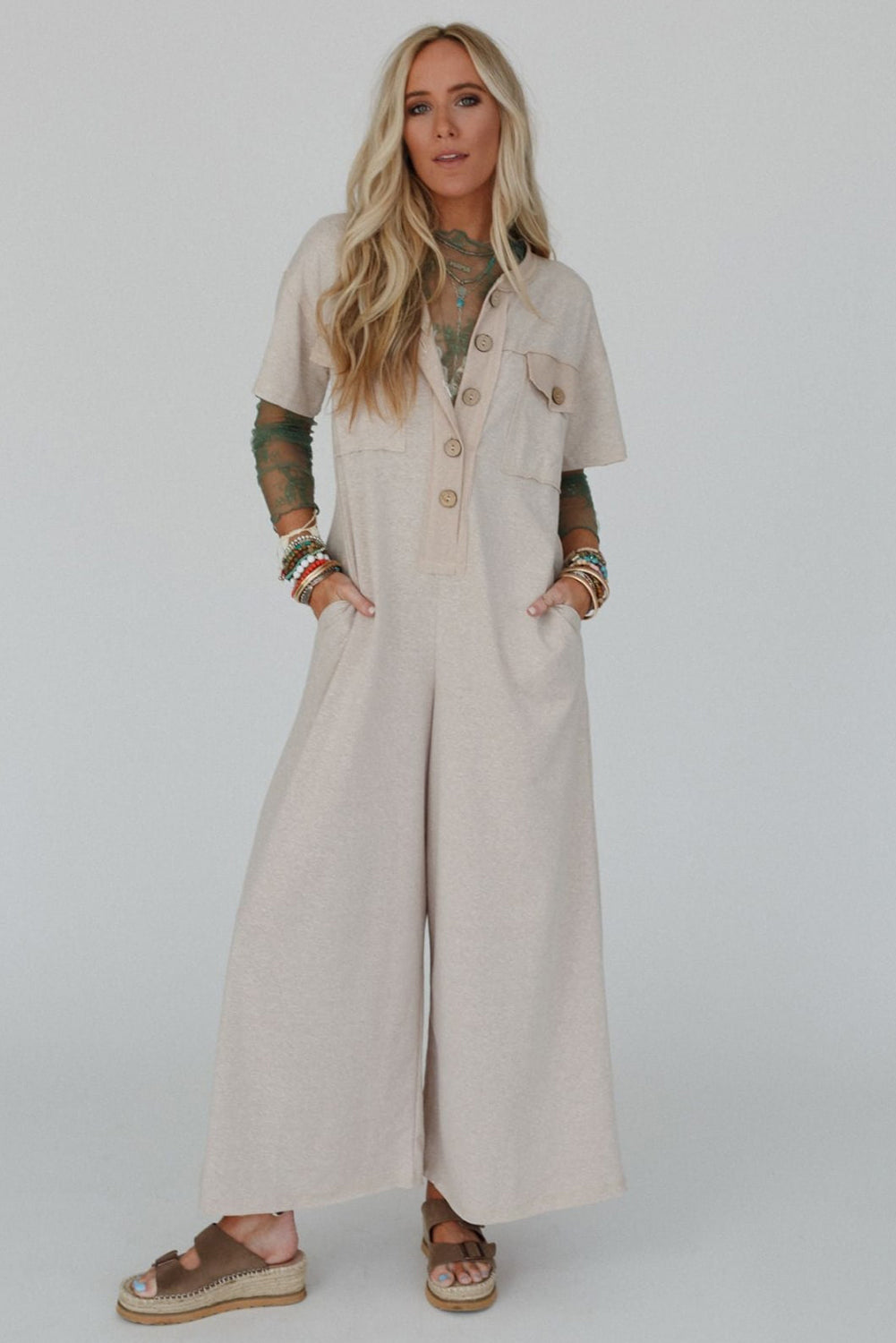 Jet Stream Half Placket Chest Pockets Short Sleeve Wide Leg Jumpsuit Bottoms JT's Designer Fashion