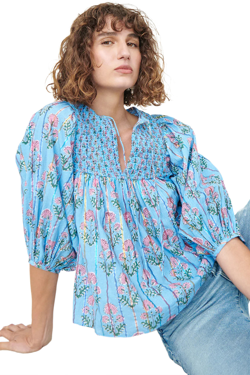 Sky Blue Floral Striped Print Shirred Yoke Split Neck Blouse Blouses & Shirts JT's Designer Fashion