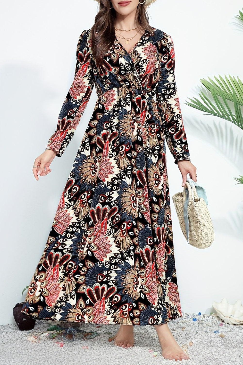 Black Floral Print V Neck Wrap High Waist Long Dress Black 100%Polyester Maxi Dresses JT's Designer Fashion
