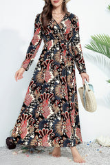 Black Floral Print V Neck Wrap High Waist Long Dress Black 100%Polyester Maxi Dresses JT's Designer Fashion