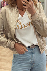 Pale Khaki Metallic Zip up Baseball Jacket Pale Khaki 100%Polyester Jackets JT's Designer Fashion