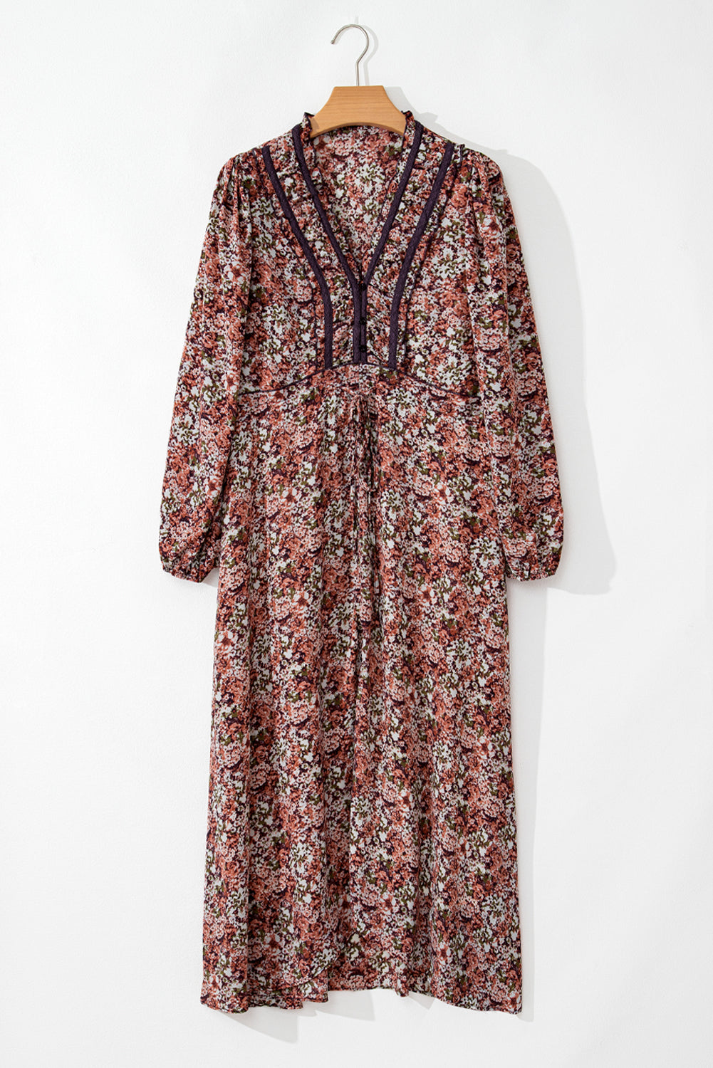 Brown Floral Print Split Front Tiered Frilled V Neck Midi Dress Floral Dresses JT's Designer Fashion