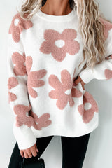 White Textured Flower Drop Shoulder Loose Sweater Sweaters JT's Designer Fashion