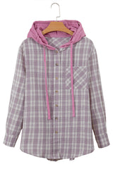 Pink Checkered Print Loose Fit Buttoned Hooded Shacket Plaid Shackets JT's Designer Fashion