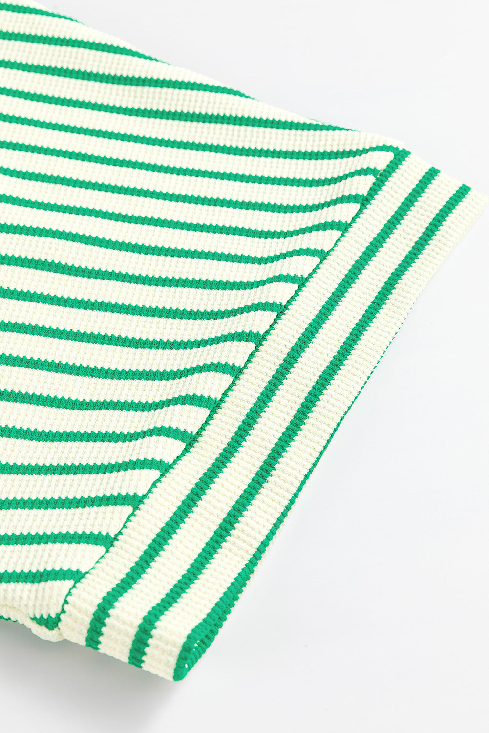 Green Stripe Textured Short Sleeve Collared Buttoned Waist Tie Romper Jumpsuits & Rompers JT's Designer Fashion
