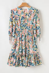 Sky Blue Floral 3/4 Sleeve V Neck High Waist Ruffled Dress Floral Dresses JT's Designer Fashion