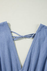 Myosotis Chambray Deep V Neck Bracelet Sleeve Long Dress Maxi Dresses JT's Designer Fashion