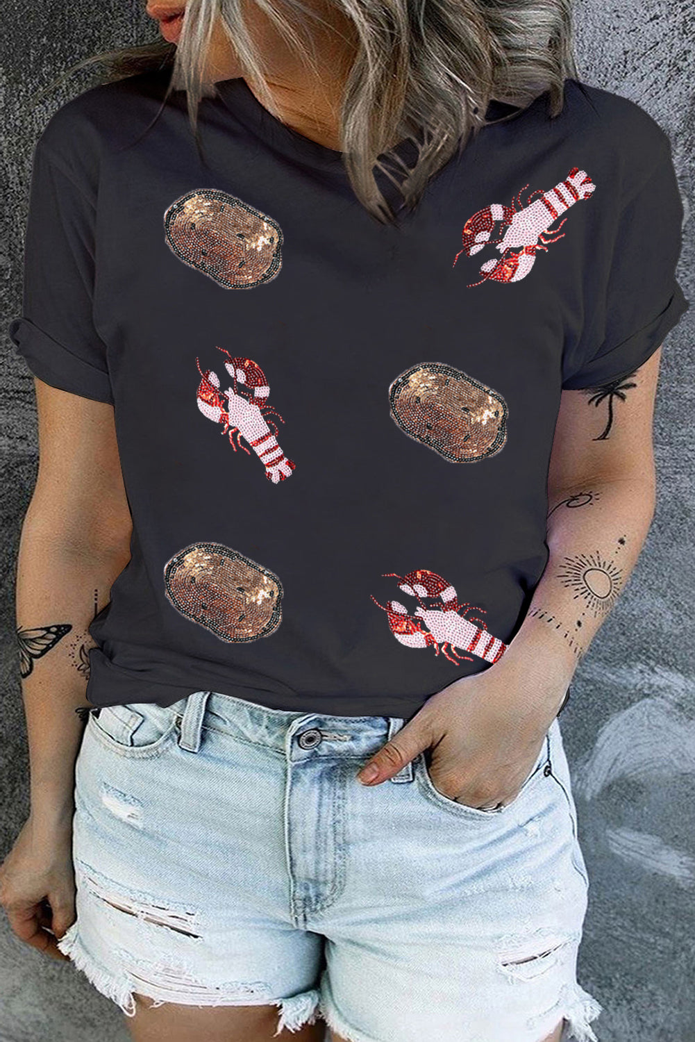Black Sequin Crawfish Potato Graphic Plus Size T Shirt Black 65%Polyester+30%Viscose+5%Elastane Graphic Plus Size JT's Designer Fashion