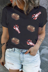 Black Sequin Crawfish Potato Graphic Plus Size T Shirt Black 65%Polyester+30%Viscose+5%Elastane Graphic Plus Size JT's Designer Fashion