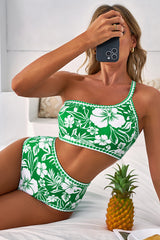 Green Floral Print One Shoulder High Waist Bikini Set Bikinis JT's Designer Fashion