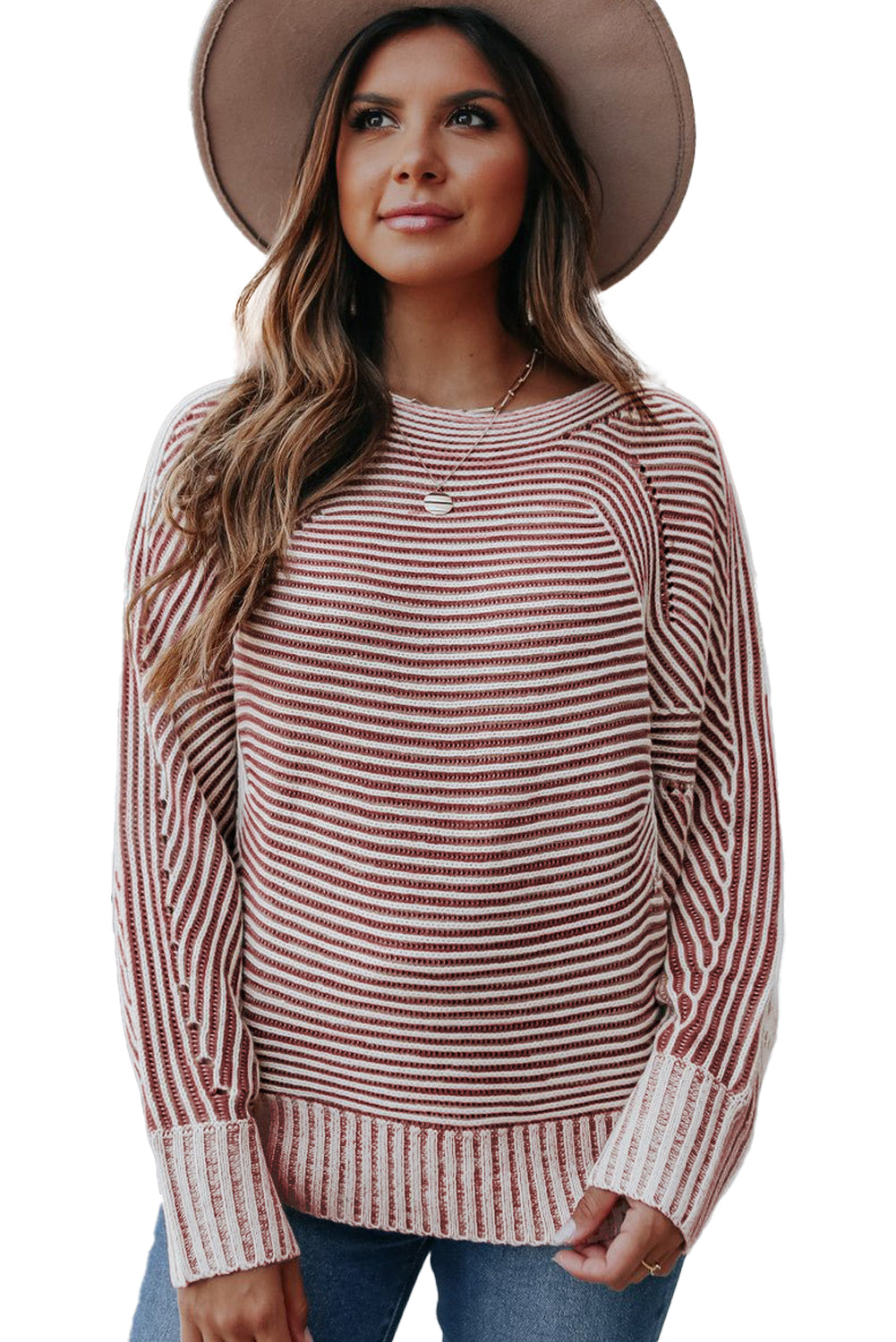 Red Dahlia Striped Print Ribbed Knit Boat Neck Baggy Sweater Sweaters JT's Designer Fashion