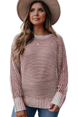Red Dahlia Striped Print Ribbed Knit Boat Neck Baggy Sweater Sweaters JT's Designer Fashion