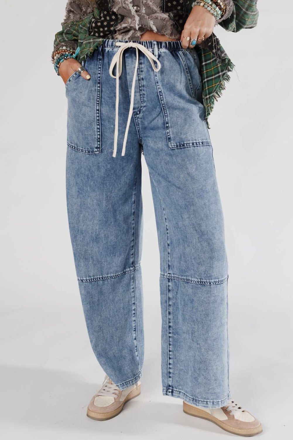 Ashleigh Blue Acid Wash Exposed Seam Drawstring Elastic Waistband Jeans Ashleigh Blue 75%Cotton+23%Polyester+2%Elastane Jeans JT's Designer Fashion