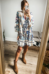 White Printed Tribal Bracelet Sleeve Buttoned Mini Dress Mini Dresses JT's Designer Fashion