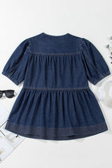 Sail Blue Puff Sleeve Lace-up Neckline Splicing Denim Blouse Blouses & Shirts JT's Designer Fashion