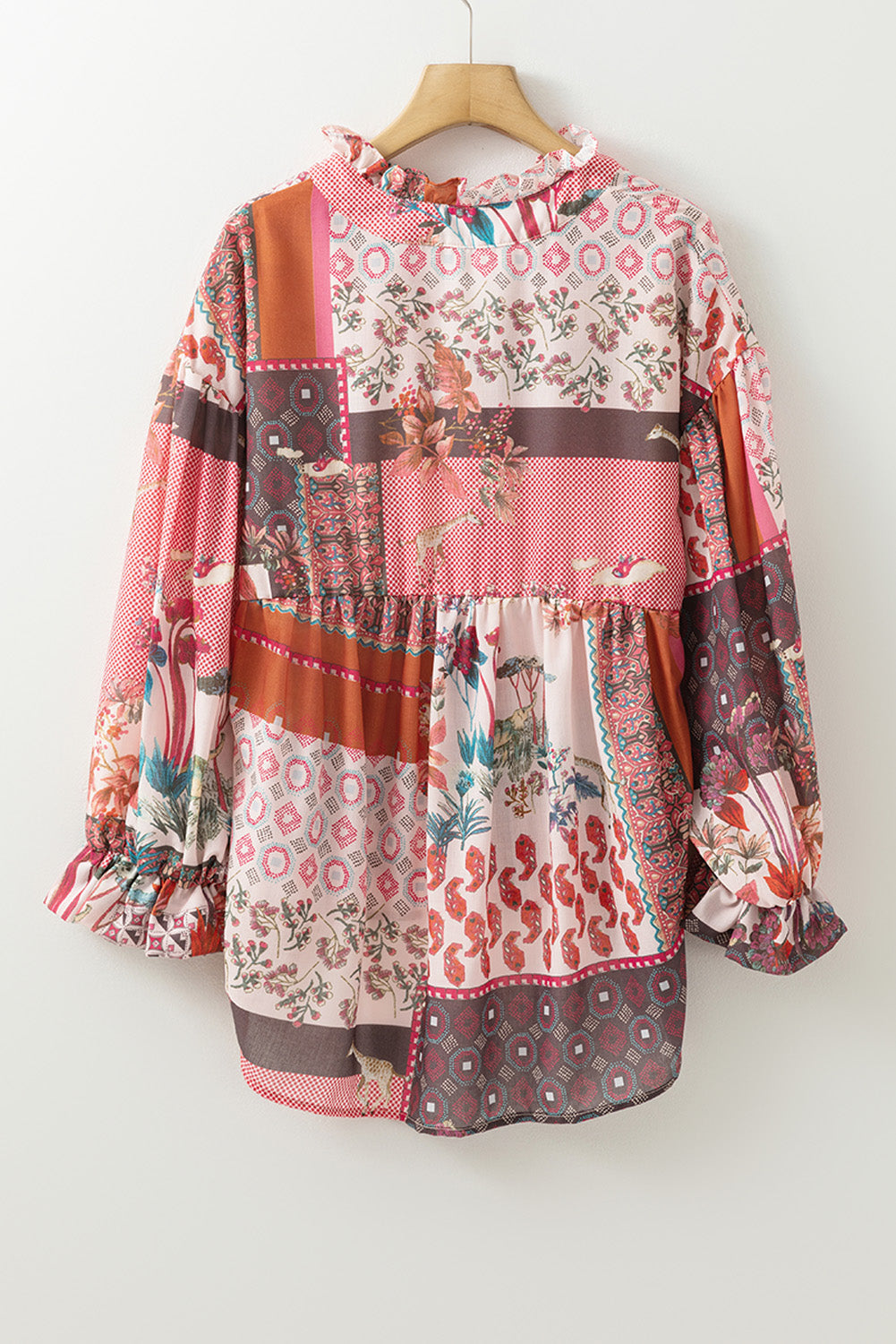 Red Boho Geometric Mixed Print Patchwork Bubble Sleeve Shirt Blouses & Shirts JT's Designer Fashion