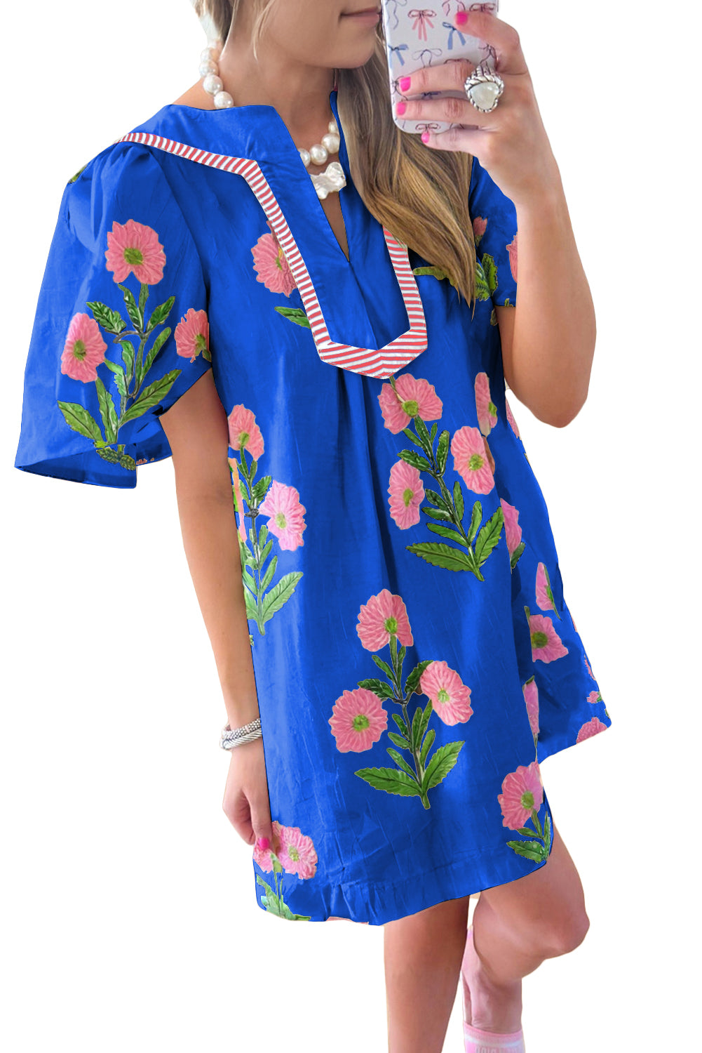 Blue Floral Short Sleeve Split Neck Loose Mini Dress Floral Dresses JT's Designer Fashion