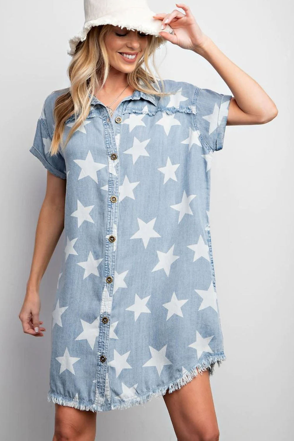 Sky Blue Star Print Frayed Buttoned Shift Denim Mini Dress Dresses JT's Designer Fashion
