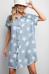 Sky Blue Star Print Frayed Buttoned Shift Denim Mini Dress Dresses JT's Designer Fashion
