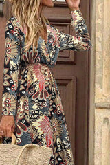 Black Floral Print V Neck Wrap High Waist Long Dress Maxi Dresses JT's Designer Fashion