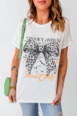 White SPOOKY WITCH Leopard Bowknot Bat Graphic Halloween T Shirt Graphic Tees JT's Designer Fashion