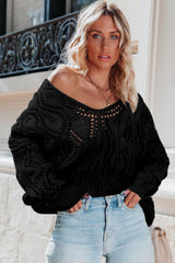 Black Crochet Knit Ribbed Hem Hollow-out Sweater Sweaters JT's Designer Fashion