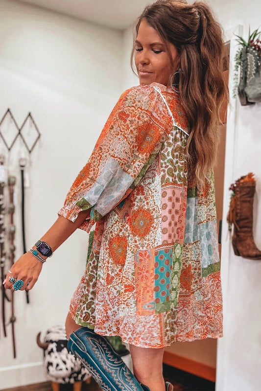 Orange Boho Paisley Mixed Print 3/4 Sleeve Chiffon Loose Dress Mini Dresses JT's Designer Fashion