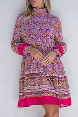 Purple Floral Smocked Puff Sleeve High Neck Mini Dress Floral Dresses JT's Designer Fashion