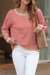 Fiery Red Contrast Trimmed Striped Drop Shoulder Sweater Fiery Red 100%Cotton Sweaters JT's Designer Fashion